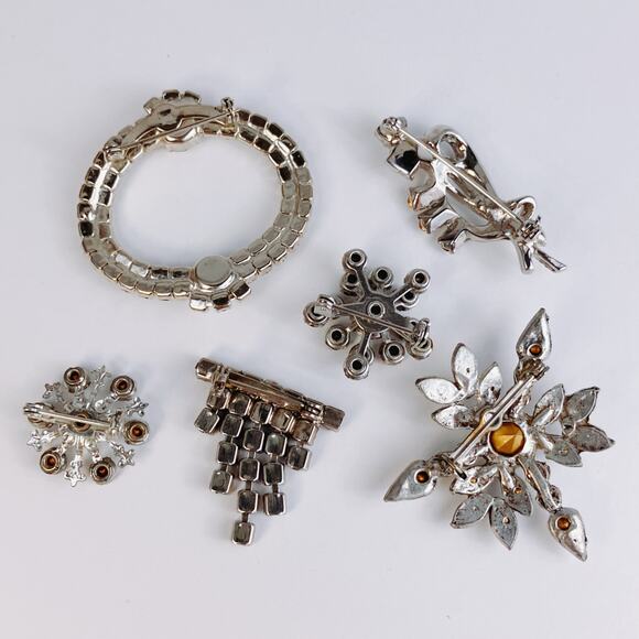 VTG Lot Of 6 Brooches Mid Century Rhinestone Silver Tone 1950s 1960s - Picture 7 of 11